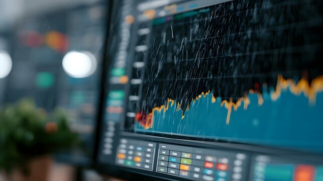 Digital screen showing financial chart with rain falling on its surface  blurred background with green plant and lights