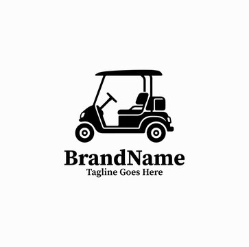 Black image vector logo silhouette of golf buggie cart parked on green course on white background