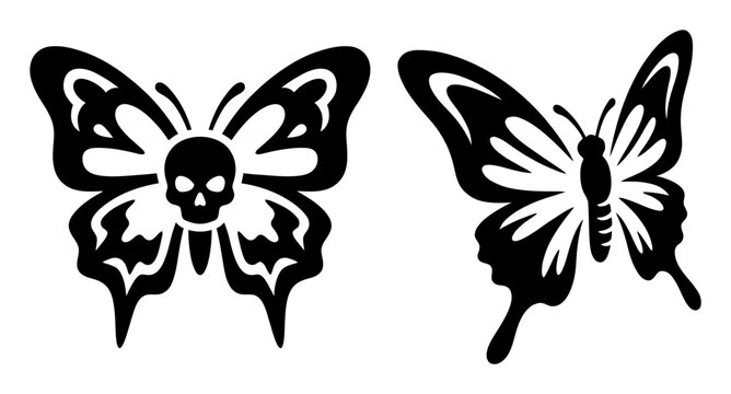Black gothic butterfly skull vector tattoo design. Edgy double exposure insect silhouette. Dark horror motif artwork