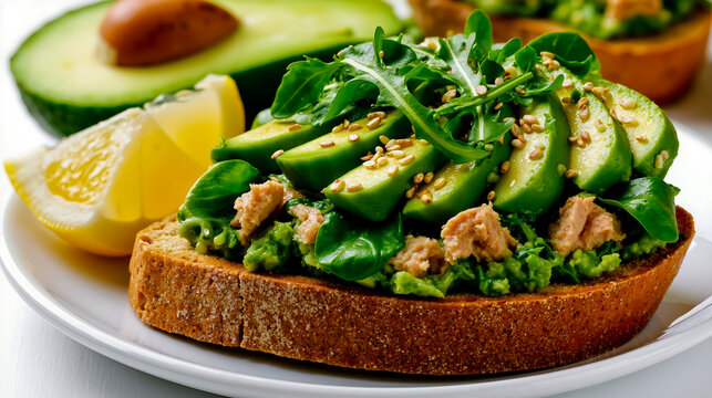 A plate of food with a slice of bread topped with green vegetables seeds and a lemon wedge
