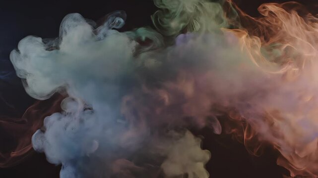 Colorful smoke plumes swirling dynamically in dark moody lighting with fluid motion and abstract organic shapes