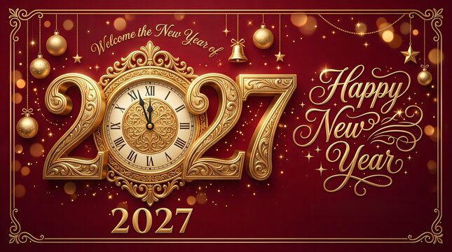 Elegant golden clock design celebrating happy new year 2027 with luxury ornaments on a deep red background