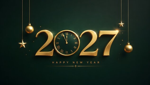 Elegant gold typography design celebrating happy new year 2027 with luxury clock elements on a dark background