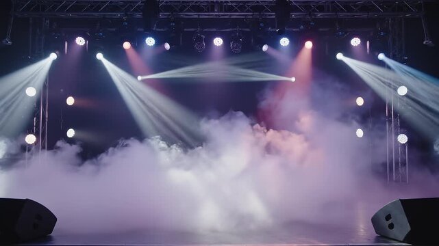 Concert stage lighting with atmospheric smoke and beams during performance for entertainment events