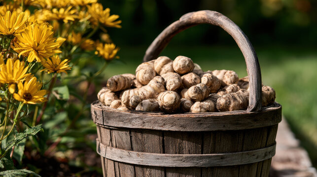 Freshly dug jerusalem artichokes piled in a rustic wooden basket beside bright yellow flowers in a sunny garden