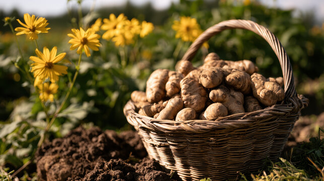 Freshly dug jerusalem artichokes filling a rustic wicker basket in a sunny garden with yellow flowers and rich soil