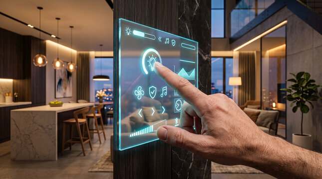 Human finger touching interactive smart home glass control panel mounted on marble wall inside luxurious modern living room at night