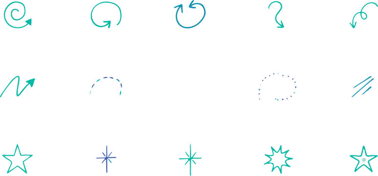 Minimalist set of hand drawn blue and green arrows, stars, and swirls isolated on a solid black background, for digital annotation