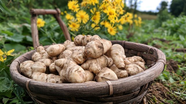 Freshly harvested jerusalem artichokes piled in a rustic wooden basket among green garden plants and yellow flowers