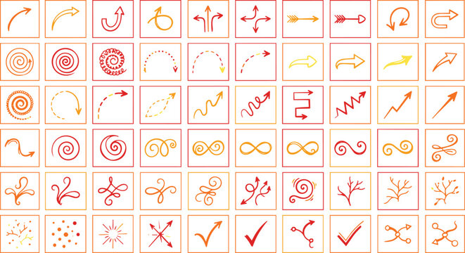Set of hand drawn arrow doodles and decorative symbols in neon red and yellow colors arranged in a grid on a solid black background style
