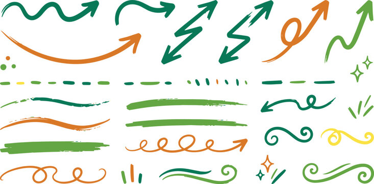Set of hand drawn arrow doodles and decorative line in neon green and orange colors on a solid black background, for web