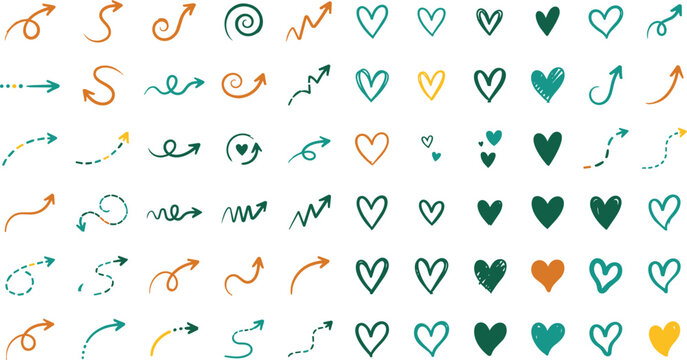 Set of hand drawn doodle arrows and heart in orange and teal colors isolated on a black background for