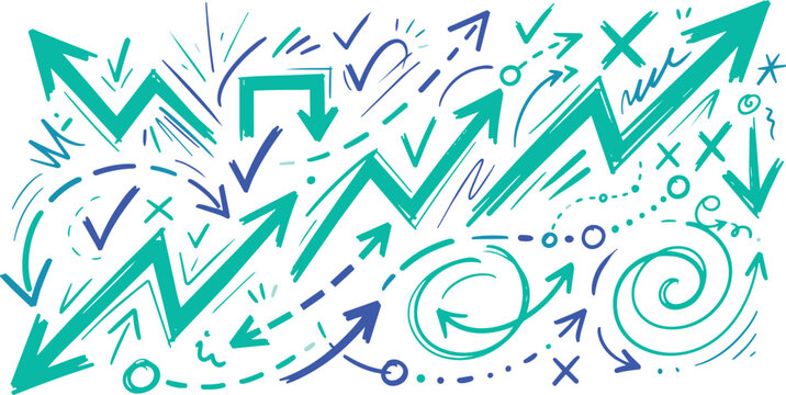 Set of hand drawn doodle arrows and check marks in teal and blue colors isolated on a black background for