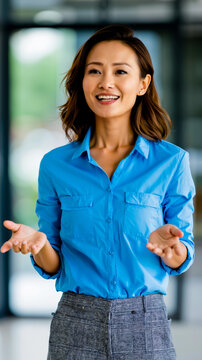 A smiling woman in a blue shirt and gray plaid skirt gesturing with her hands