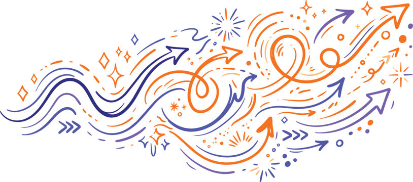 Set of hand drawn wavy arrows and decorative sparkle in purple and orange colors arranged on a solid black background surface