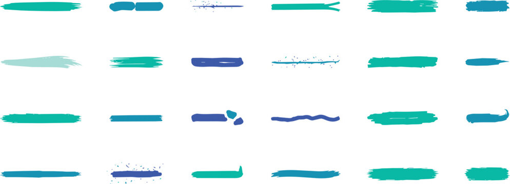 Set of horizontal brush strokes and paint lines in shades of blue and teal isolated on a black background, for projects