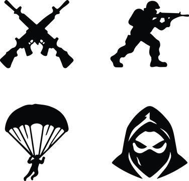 Military and Tactical Silhouette Icon Set with Soldier, Crossed Rifles, Parachutist and Masked Figure