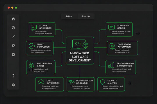 AI-powered software development diagram with AI code generation smart completion bug detection and CI CD automation