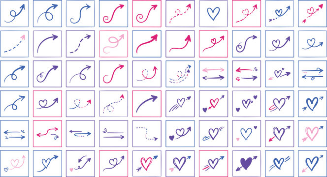 Set of heart shaped arrow doodles in neon blue and pink colors arranged in a grid pattern on a solid black background, for web