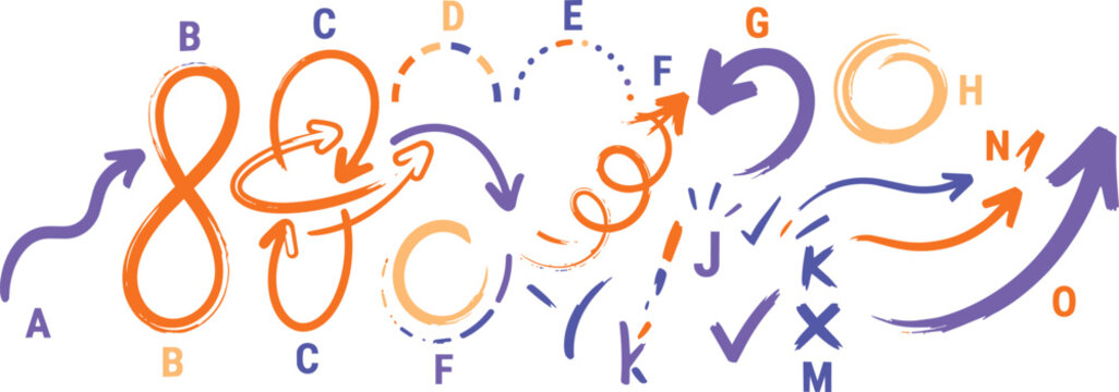 Set of purple and orange hand drawn arrows and letters on a transparent background, for digital annotation, and creative projects