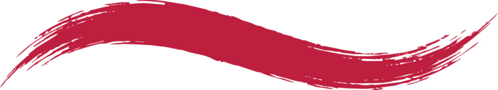 Single horizontal wavy brush stroke in deep red color isolated on a black background, textured hand drawn paint line for overlay
