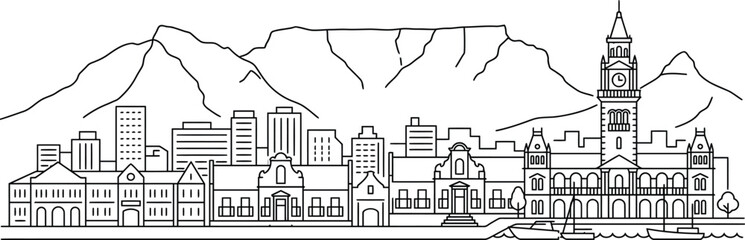 Fototapeta premium Historic hillside city skyline vector line art featuring a tall clock tower domed buildings and distant mountain peaks