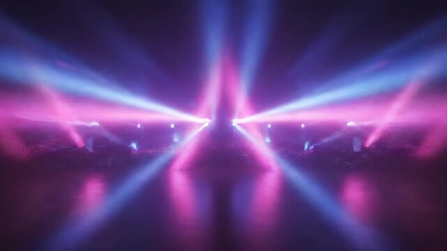 Dynamic stage lighting with blue and pink beams moving in a symmetrical pattern across a reflective floor during a performance concept