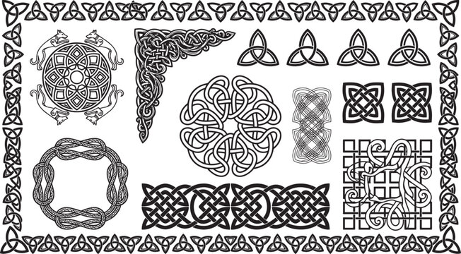 Set of intricate celtic knotwork endless braided borders, triquetra symbols, and decorative corner on white background