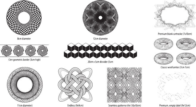 Set of geometric black and white line circular patterns, borders, and wireframe shapes on a white background