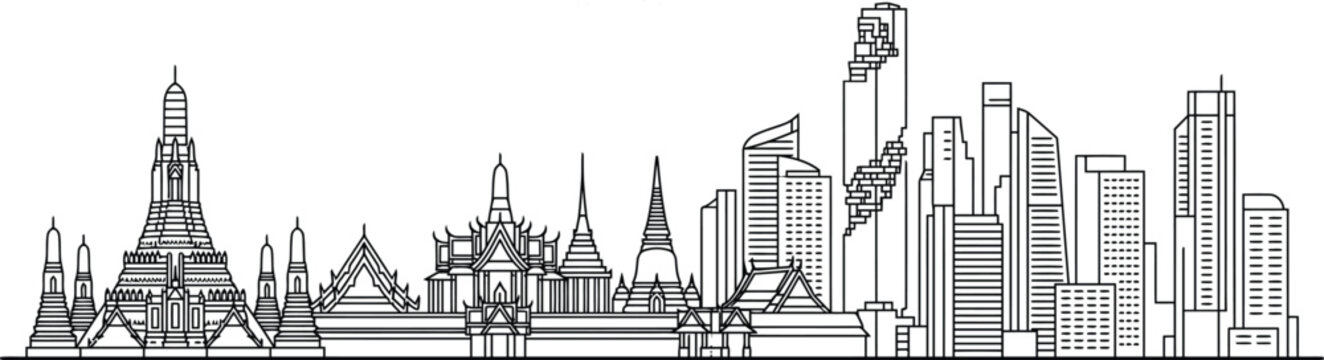 Bangkok city skyline vector line art illustration featuring ornate temple spires modern skyscrapers and the river