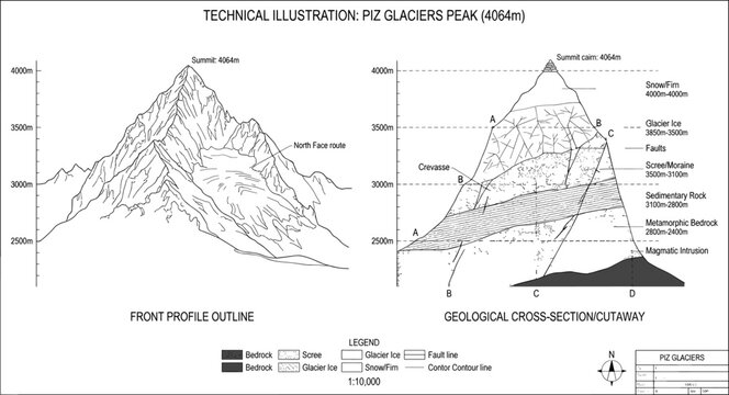Geological cross section diagram and front profile technical illustration of a mountain peak
