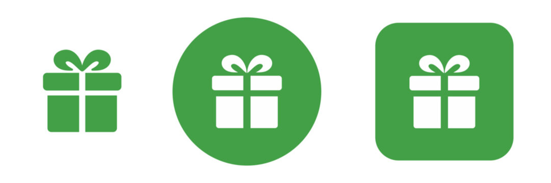 Gift box icon set with present and bonus symbols. Green colored Promotion and reward graphics for ecommerce, shopping and loyalty programs