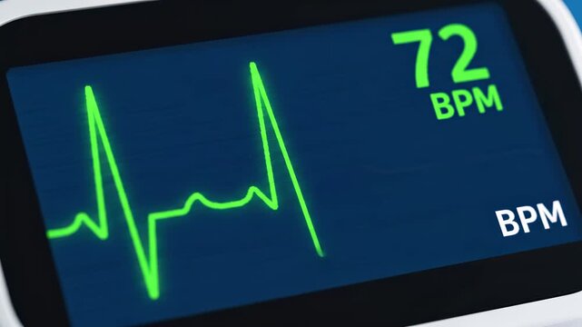 ECG monitor displaying stable heart rhythm with numerical BPM during medical examination in blue lighting