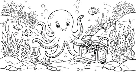 Cute cartoon octopus exploring an open treasure chest on the sandy ocean floor for children coloring book page © Fatema