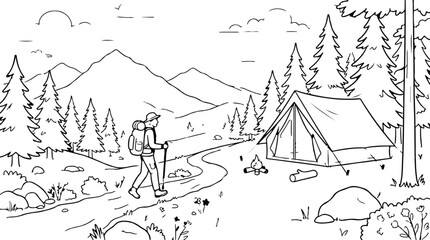 Obraz premium A black and white line art illustration of a hiker walking through a scenic mountain forest campsite