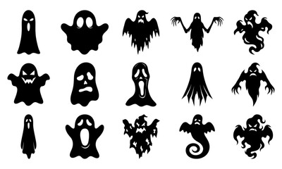 Fototapeta premium A collection of fifteen unique black ghost silhouettes isolated on a white background for halloween design projects