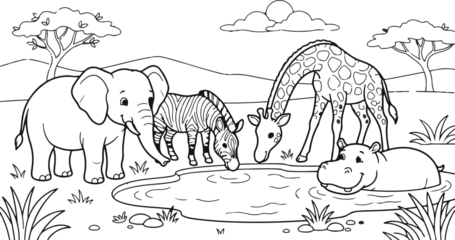 Fotobehang Zoo Black and white coloring page featuring cute african safari animals drinking water from a pond in the savanna  © Fatema