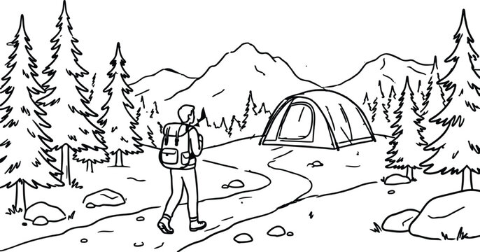 A black and white line art illustration of a hiker walking towards a camping tent in the mountains