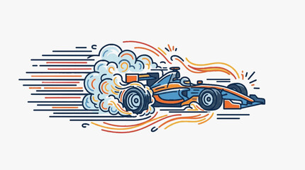 Fototapeta premium Blue and orange Formula 1 racing car vector illustration featuring dynamic tire smoke, horizontal motion lines, and minimalist line art, isolated on a white background.