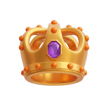 Elegant golden royal crown with purple gemstone 3d render illustration for king queen royalty reward victory empire game ui asset