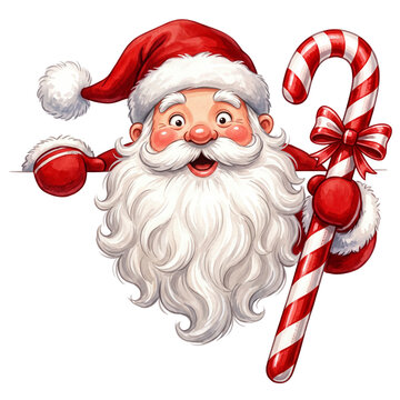 Cheerful santa claus holding a candy cane illustration isolated on white background with christmas cheerful character