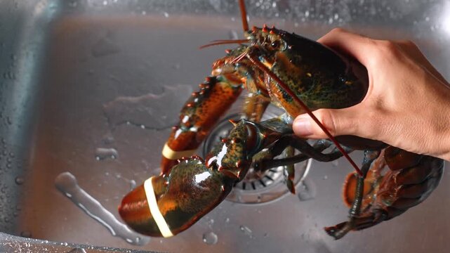 Holding a live lobster over a kitchen sink with water in the background. A person holds a live lobster above a kitchen sink.