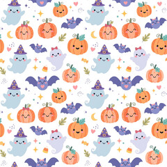 Obraz premium Cute Halloween Seamless Pattern Pumpkin Ghost Bat Colorful