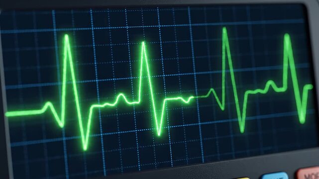 Electrocardiogram waveform pulsing on a digital screen with cinematic motion and selective focus
