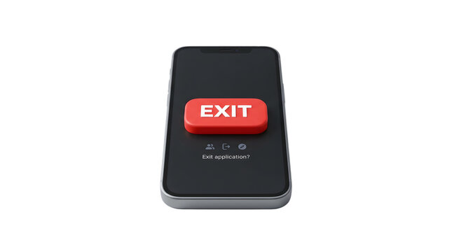 Digital exit button on a modern smartphone screen, a red 3D rendered interface element for application logout or system termination, symbolizing digital escape and user control.