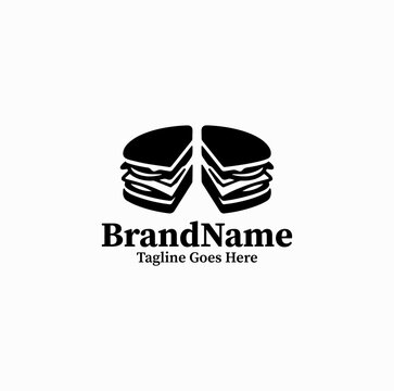 Black image vector logo of lunch sandwich cut in half with layers for cafe menu on white background