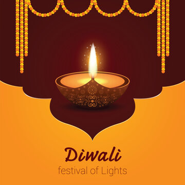 Diwali Festival Diya Lamp with Marigold Garlands Illustration