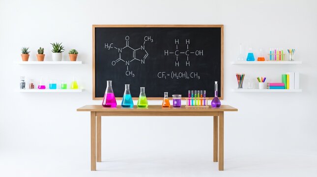Colorful chemistry lab with flasks of blue, red, green, and yellow liquids before chalkboard reading &ldquo;Chemistry is Life&rdquo;&mdash;symbolizing creativity, science, and discovery.