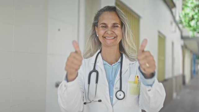 Woman doctor in building corridor wearing labcoat and stethoscope giving thumbs up with visible hands and a warm smile; optimism caring trust.