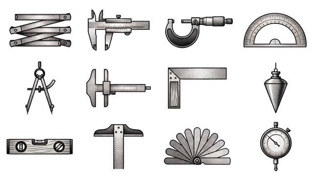 Technical measuring instruments with vintage dot pattern for workshop and design projects.